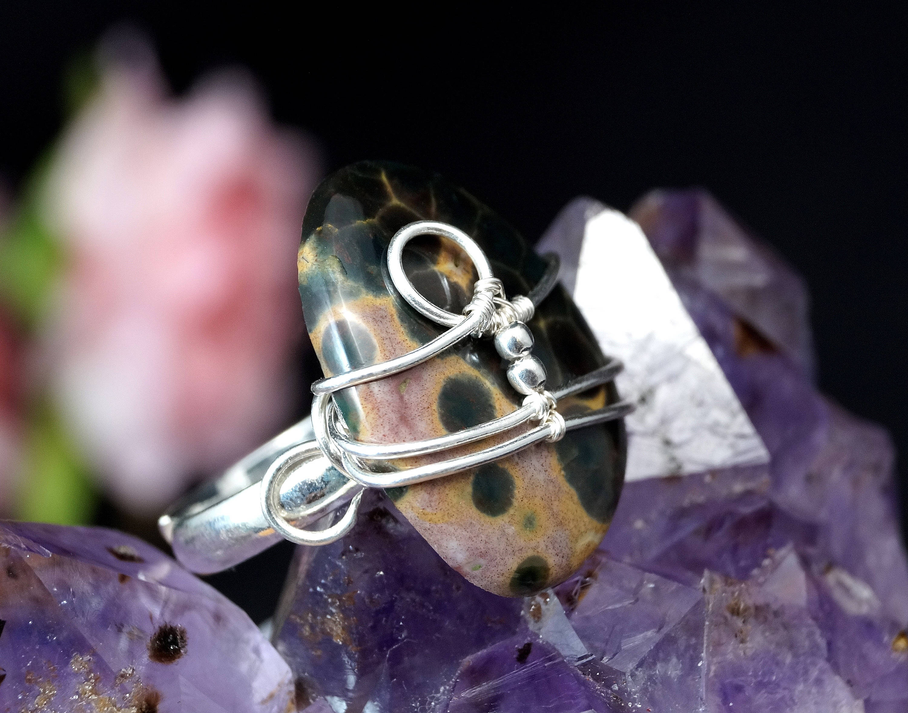 Handcrafted Sterling Silver Ocean Jasper Ring - Wire Wrapped Artisan Jewelry - Size 6