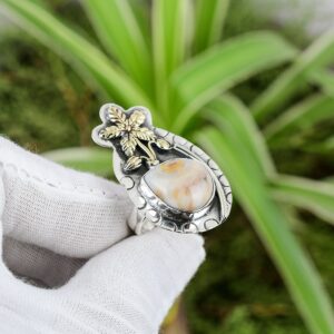 Handmade Ocean Jasper Ring: 925 Sterling Silver, 18K Gold Flower, Adjustable