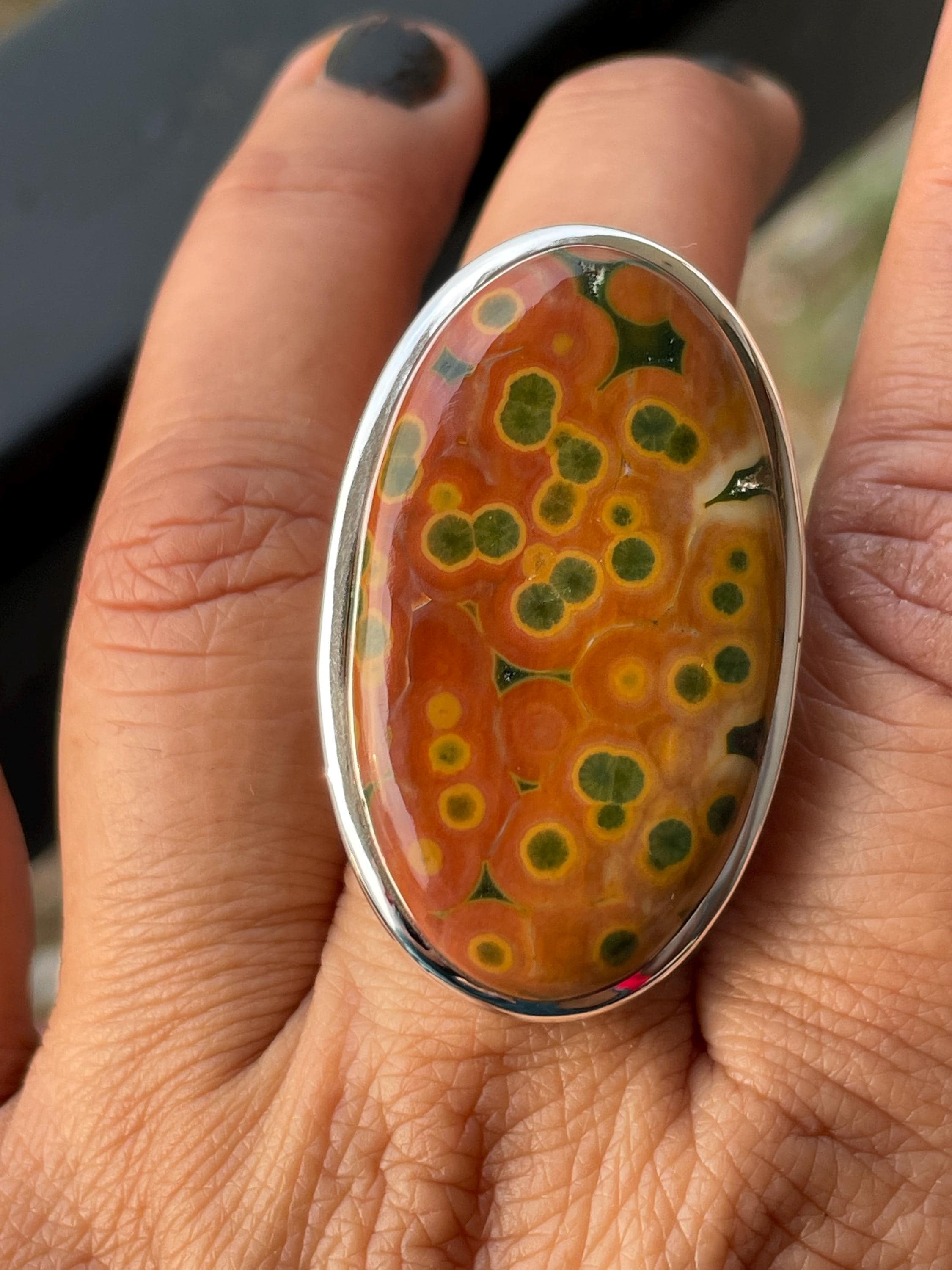 Handmade Ocean Jasper Ring: 925 Sterling Silver, Orbicular Stone,march Birtstone