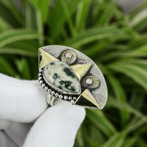 Ocean Jasper Ring: Handmade 925 Sterling Silver, 18k Gold Plated - Size 8.25