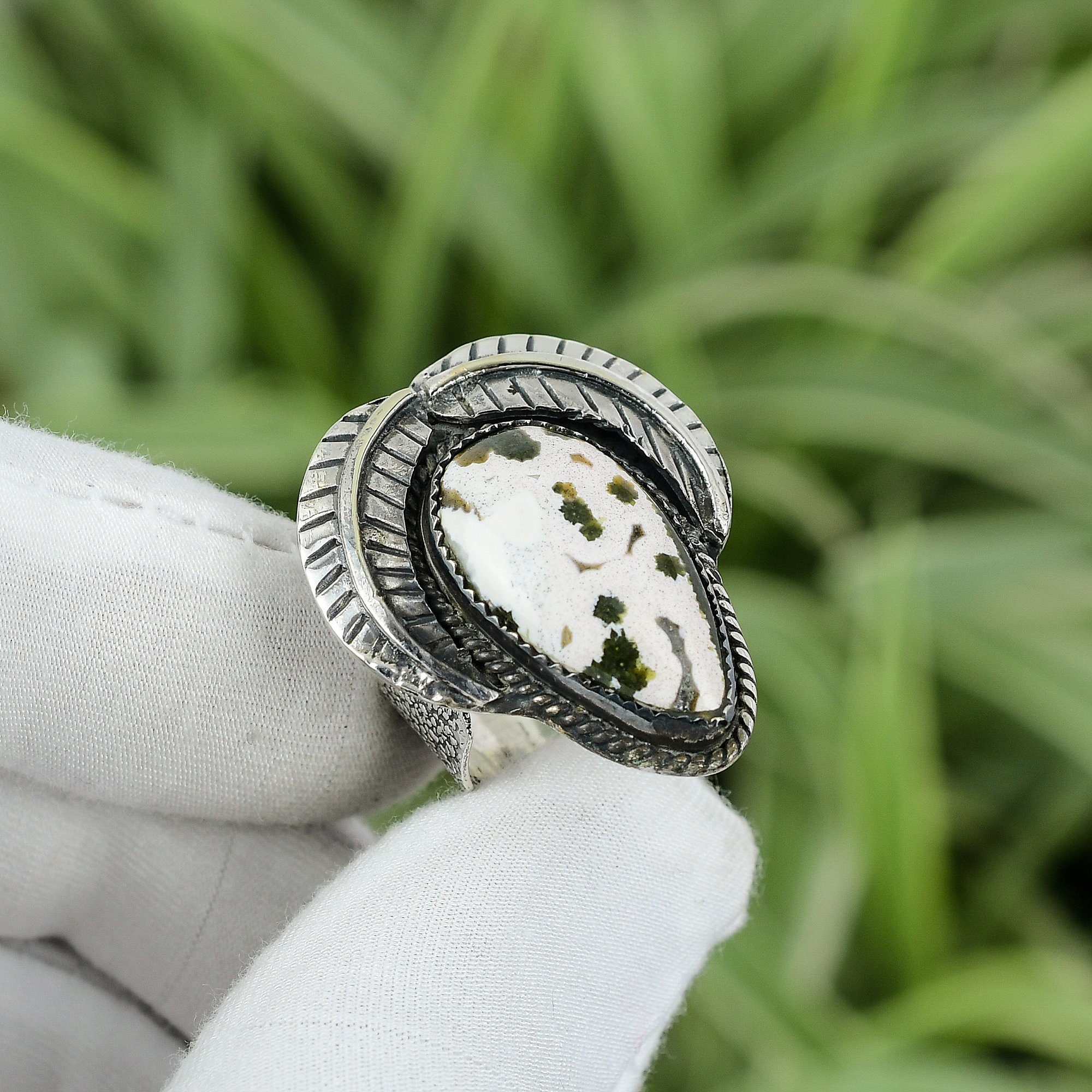 Ocean Jasper Ring: Handmade 925 Sterling Silver Pear Stone, Size 7.5