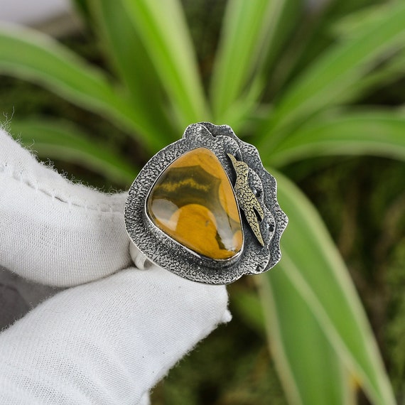 Handmade Ocean Jasper Ring: Adjustable 925 Sterling Silver, 18k Gold Plated