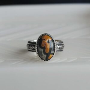 Handmade Sterling Silver Ocean Jasper Ring, Floral Band, Size 7.75