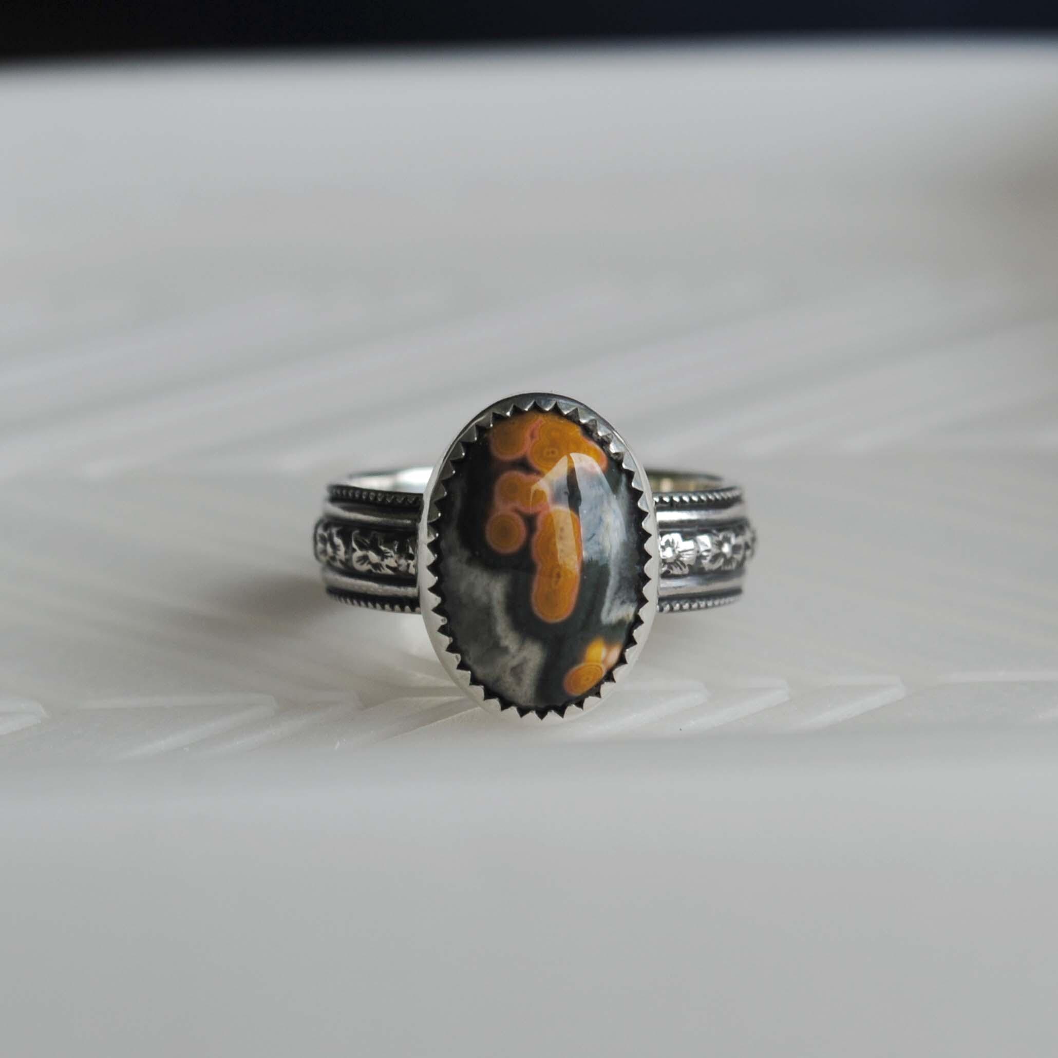 Handmade Sterling Silver Ocean Jasper Ring, Floral Band, Size 7.75