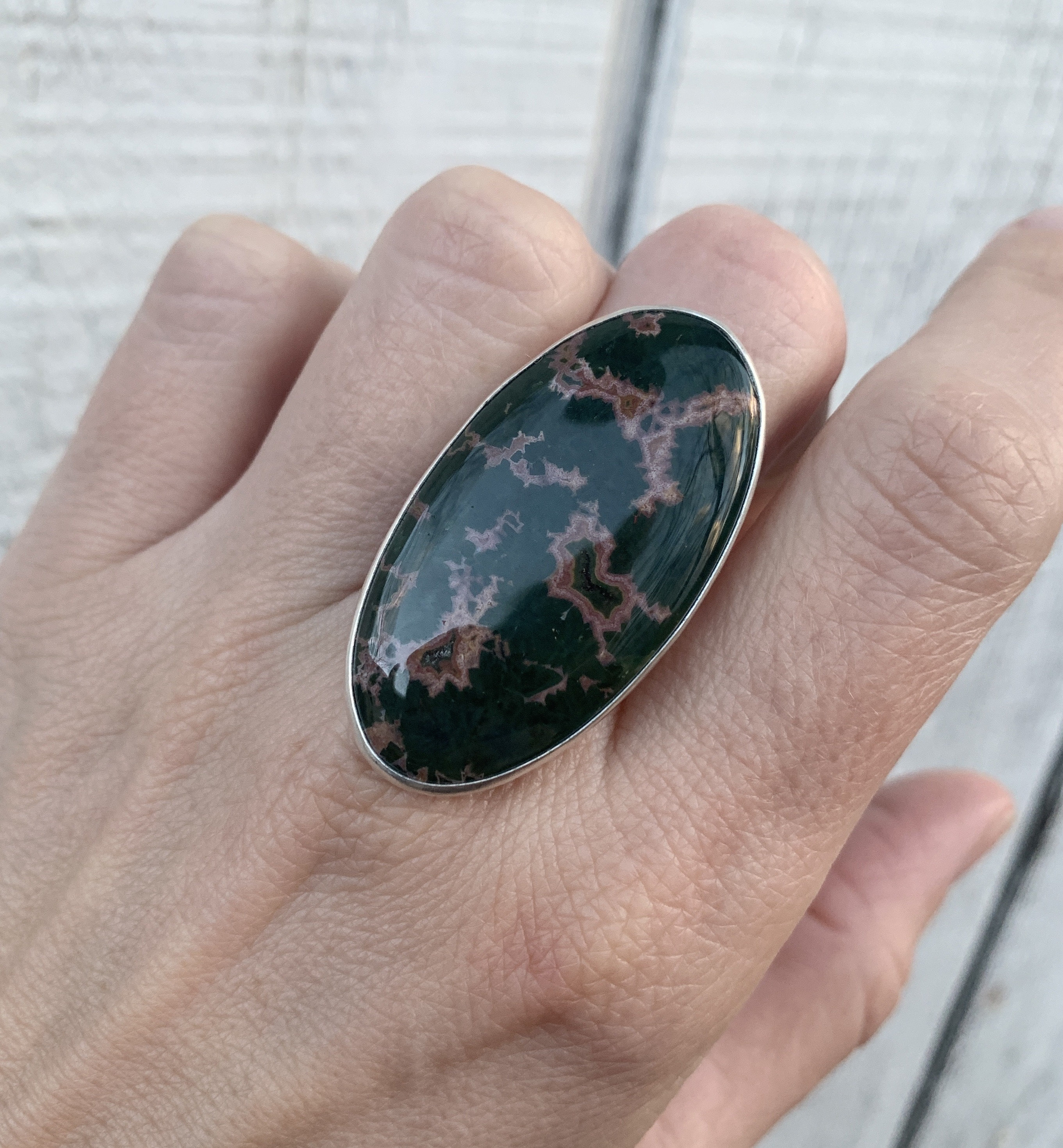One Of A Kind Large Oval Pink And Black Ocean Jasper Sterling Silver Ring | Mermaid Jewelry | Pink And Black Stone Ring | Statement Ring
