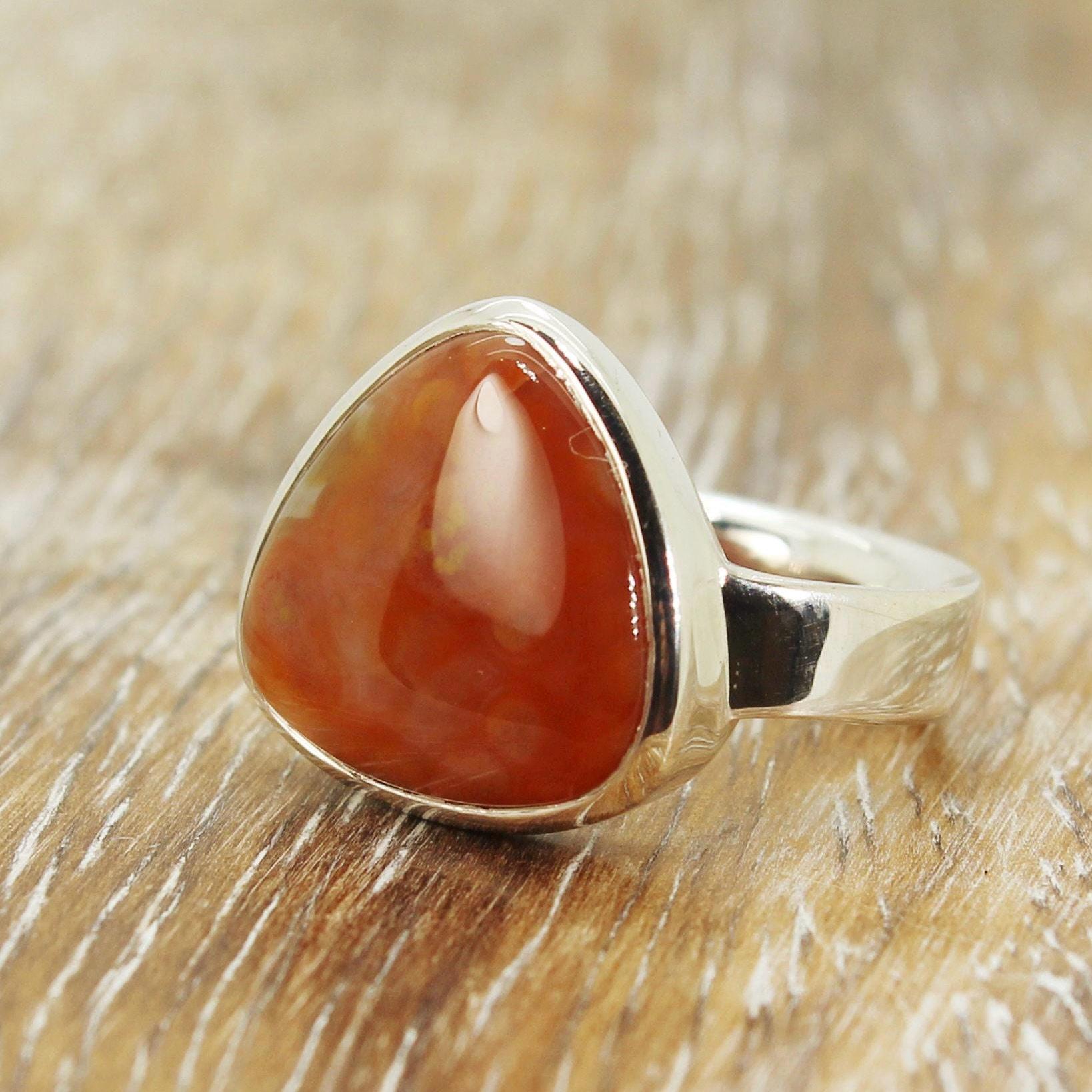 Ocean Jasper Ring: Orange Orbicular Cabochon, 925 Sterling Silver Bezel Ocean Jasper Ring: Orange Orbicular Cabochon, 925 Sterling Silver Bezel