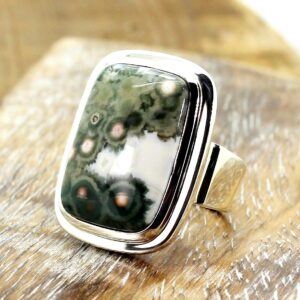 Ocean Jasper Ring: Orbicular Stone, 925 Sterling Silver Bezel, Size 9-9.5