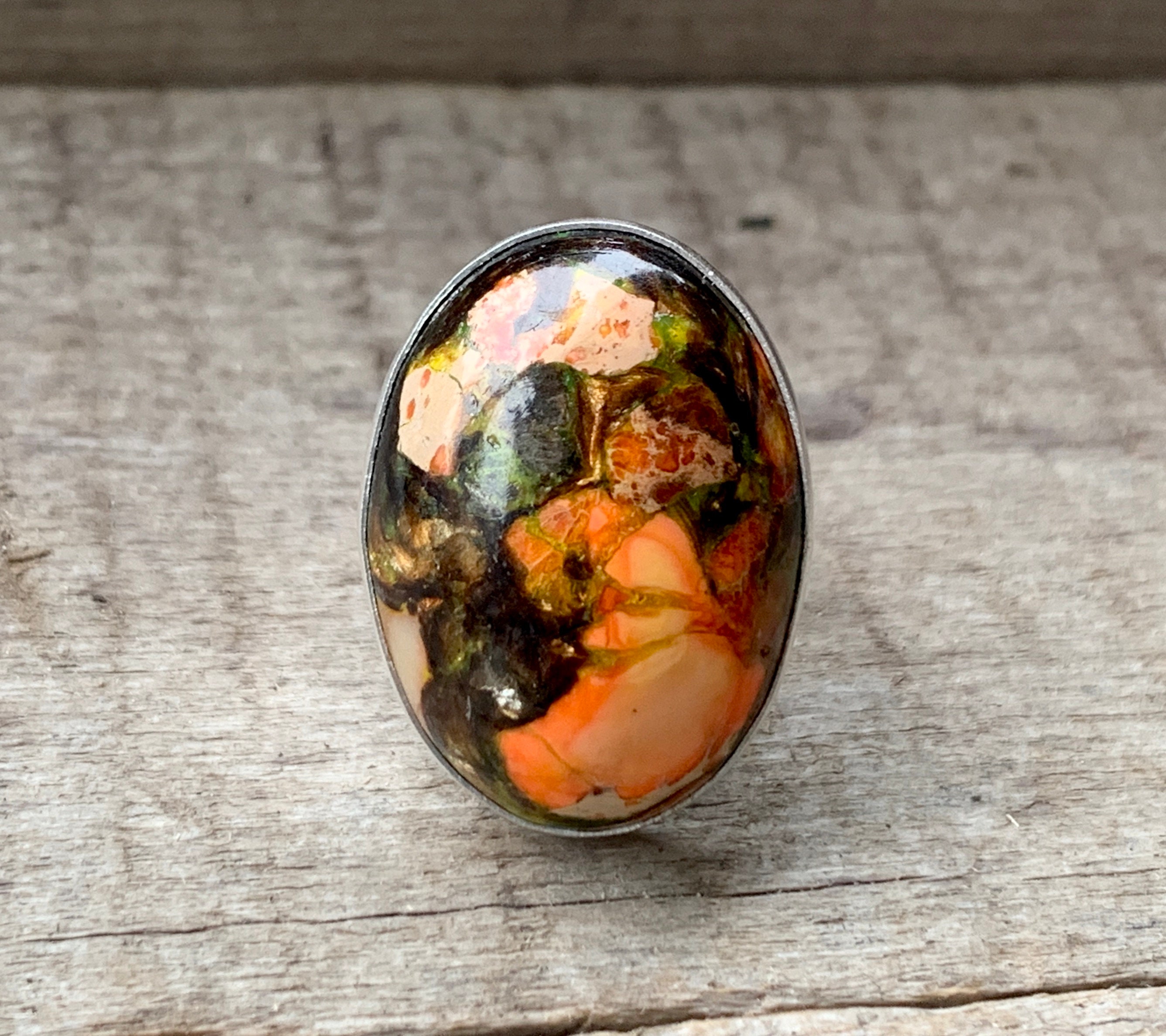 Oval Bright Orange Copper Sea Sediment Ocean Jasper Sterling Silver Ring | Mermaid Jewelry | Orange Copper Gemstone | Boho Oval Bright Orange Copper Sea Sediment Ocean Jasper Sterling Silver Ring | Mermaid Jewelry | Orange Copper Gemstone | Boho