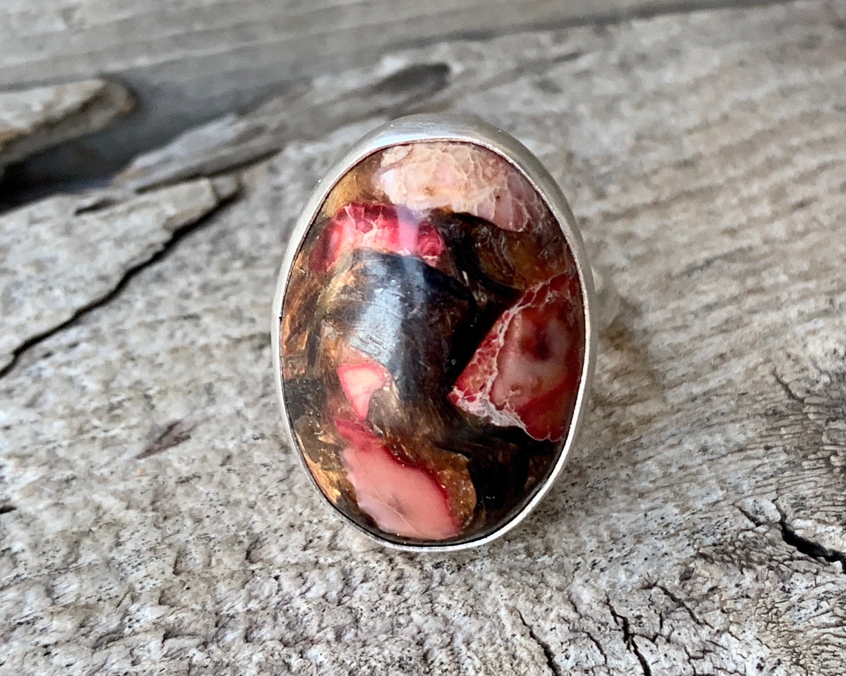 Oval Bright Pink Copper Sea Sediment Ocean Jasper Sterling Silver Ring | Mermaid Jewelry | Pink Copper Gemstone | Boho Oval Bright Pink Copper Sea Sediment Ocean Jasper Sterling Silver Ring | Mermaid Jewelry | Pink Copper Gemstone | Boho