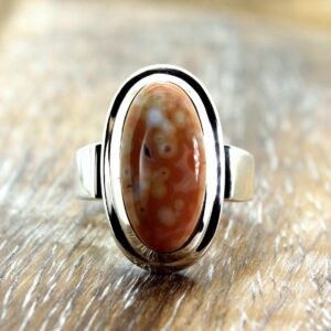 Ocean Jasper Ring: Peach, Pink & White 925 Silver Bezel