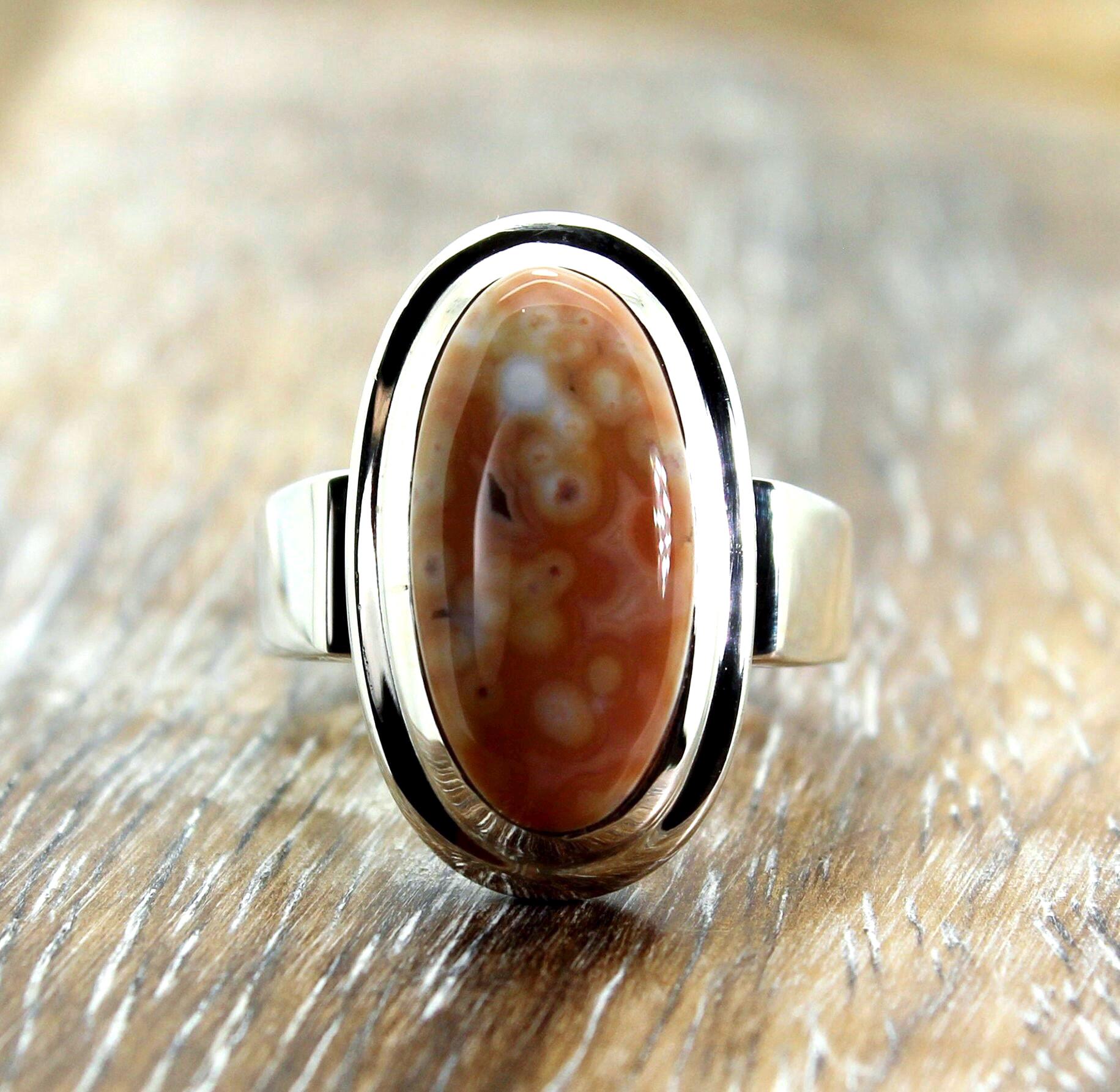 Ocean Jasper Ring: Peach, Pink & White 925 Silver Bezel