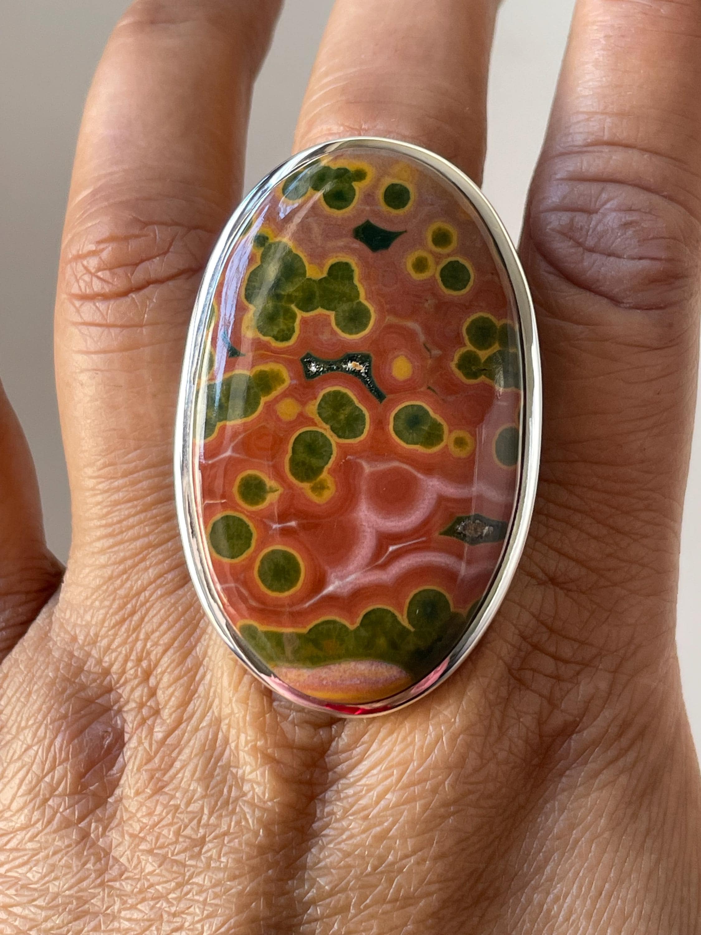 Pink Ocean Jasper Ring: Handmade 925 Sterling Silver Orbicular Jewelry Pink Ocean Jasper Ring: Handmade 925 Sterling Silver Orbicular Jewelry
