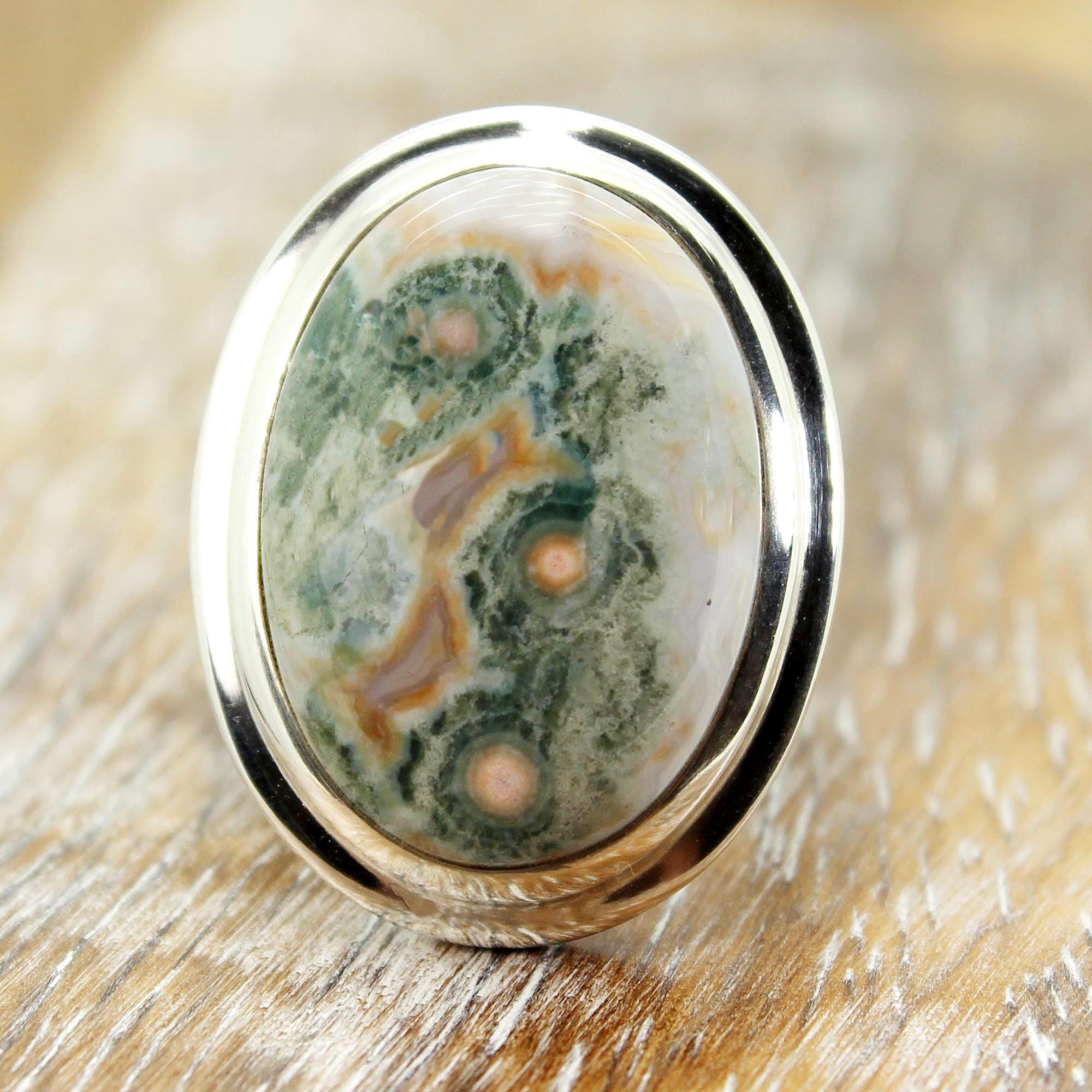 Ocean Jasper Sterling Silver Ring: Oval Cab Stone, Unisex Size 9-9.5