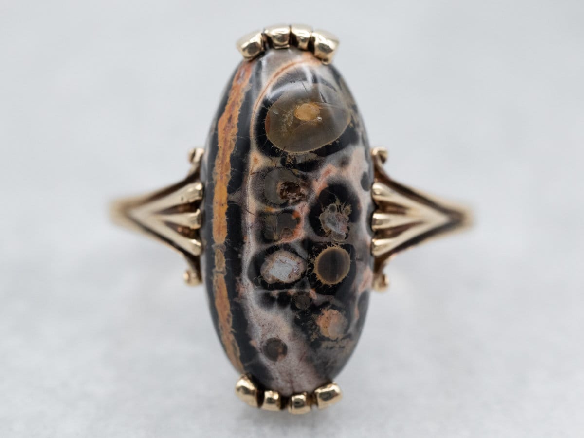 Vintage Ocean Jasper 10k Yellow Gold Ring, Oval Cabochon Vintage Ocean Jasper 10k Yellow Gold Ring, Oval Cabochon