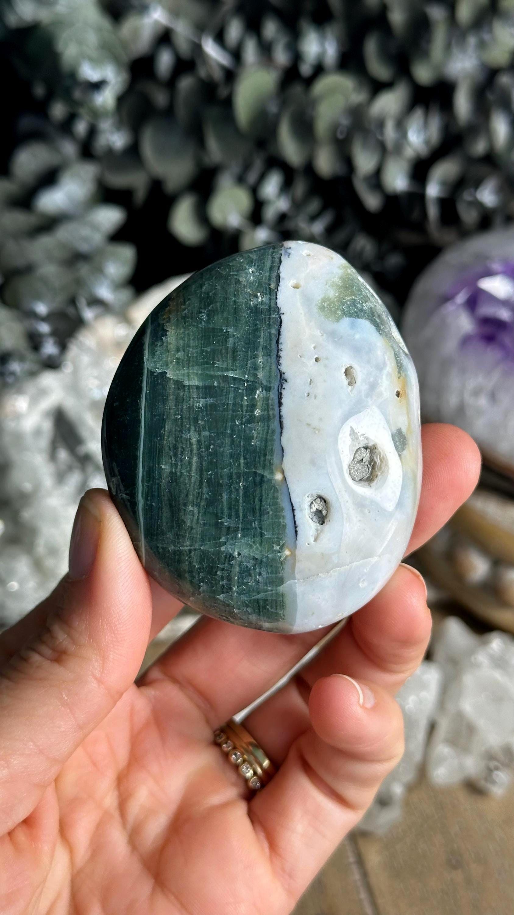 7th Vein Green And White Ocean Jasper Palmstone, Marovato, Jelly Oj