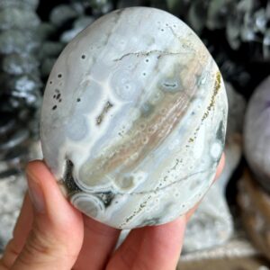 White 8th Vein White Ocean Jasper Palmstone, Marovato, Jelly Oj