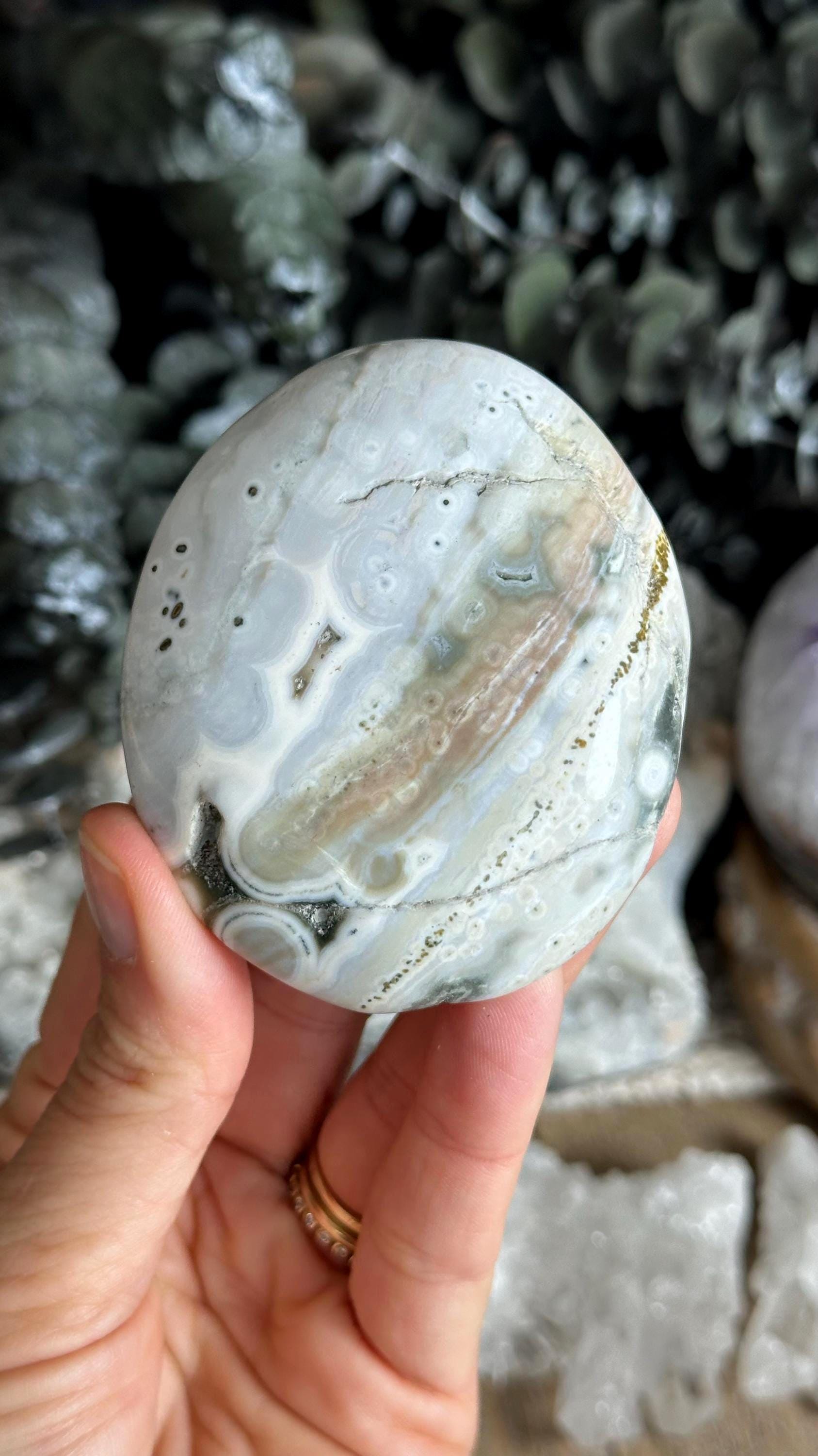White 8th Vein White Ocean Jasper Palmstone, Marovato, Jelly Oj