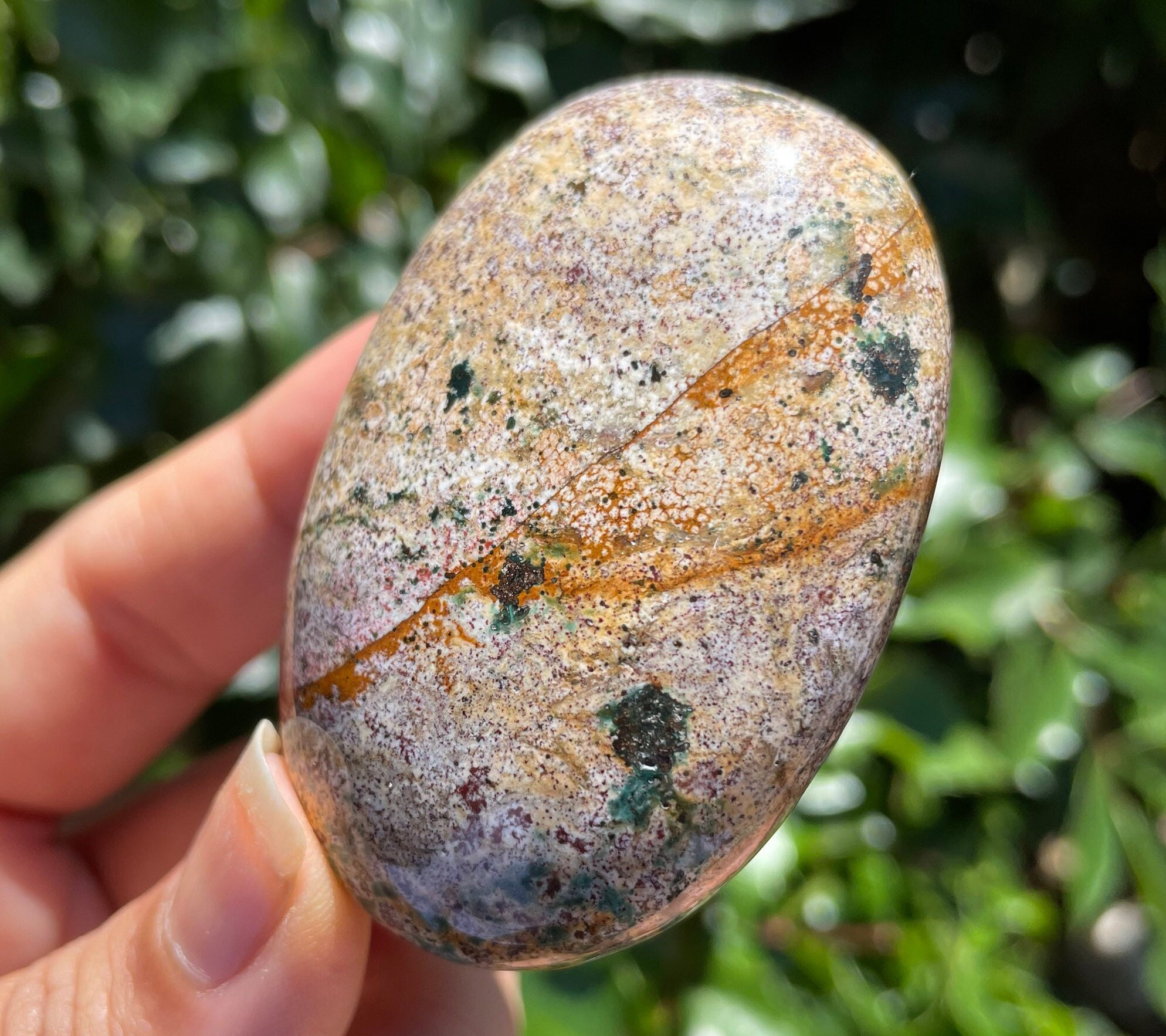 Ocean Jasper Palm Stone: Tumbled Green & Red Crystal (73grams) Ojp02)