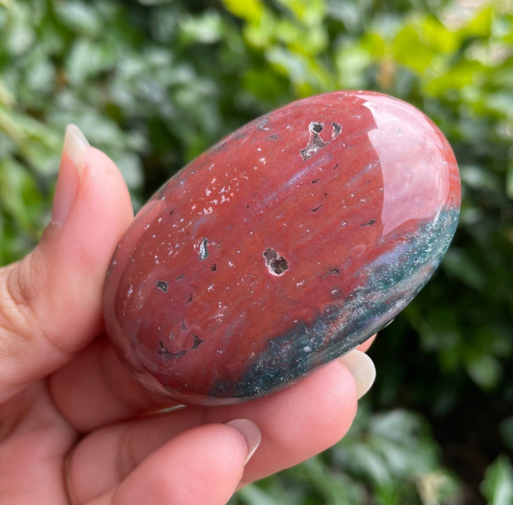Ocean Jasper Palm Stone: Red & Green Tumbled Crystal (72 Grams) Ojp012 Ocean Jasper Palm Stone: Red & Green Tumbled Crystal (72 Grams) Ojp012
