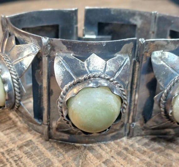 Old Mexico Silver Green Calcite Panel Bracelet 7"