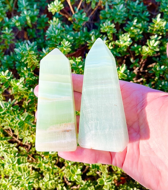 One (1) Green Pistachio Calcite Tower, Green Banded Calcite Obelisk, Onyx Tower, Valentine Gifts