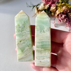 One (1) Pistachio Calcite Towers, Green banded Calcite Obelisk, Onyx Tower, Valentine Gifts