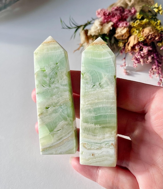 One (1) Pistachio Calcite Towers, Green Banded Calcite Obelisk, Onyx Tower, Valentine Gifts One (1) Pistachio Calcite Towers, Green Banded Calcite Obelisk, Onyx Tower, Valentine Gifts