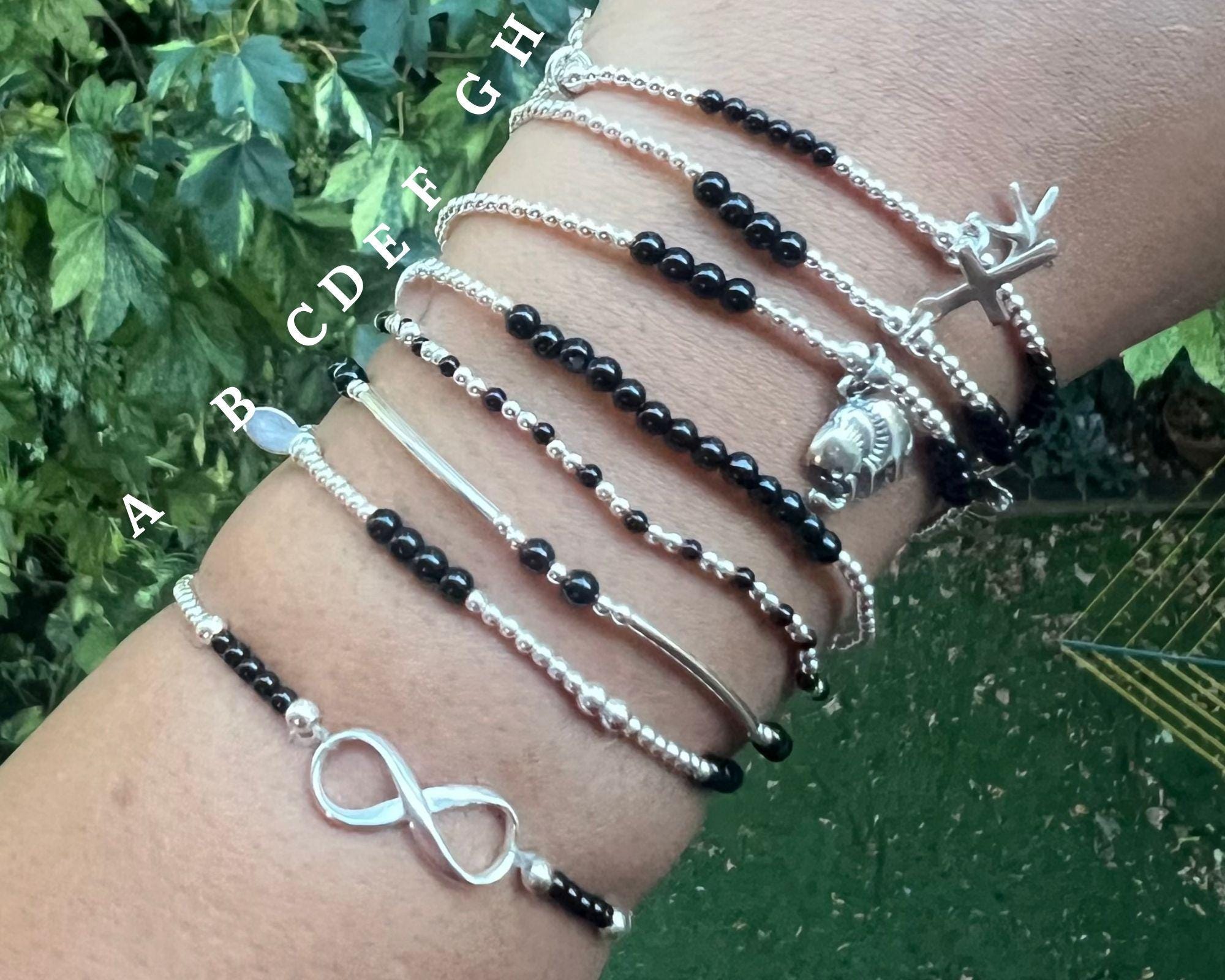 925 Sterling Silver Black Onyx Bracelet, Dainty Beaded Stacking Bracelet