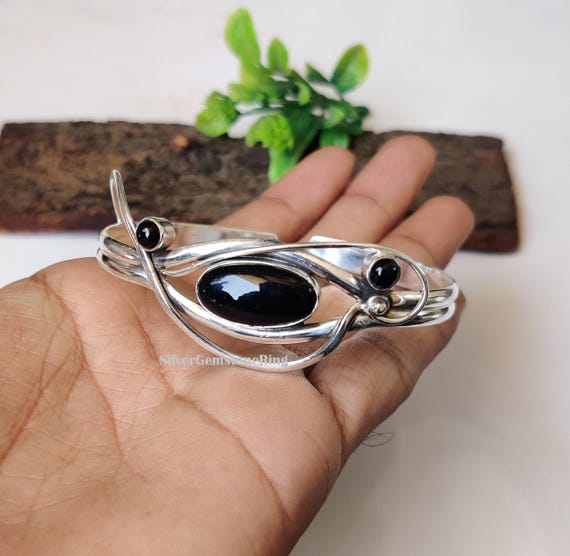 Black Onyx Bangle: Handmade Item, Adjustable Jewelry, 925 Sterling Silver Jewelry