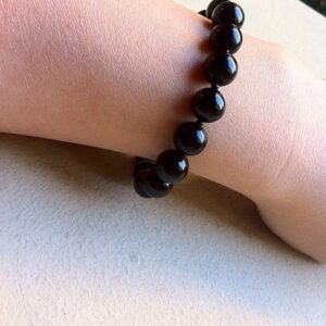 Black Onyx Beaded Bracelet: Antique Fine Silver Clasp, 7.5 Inch
