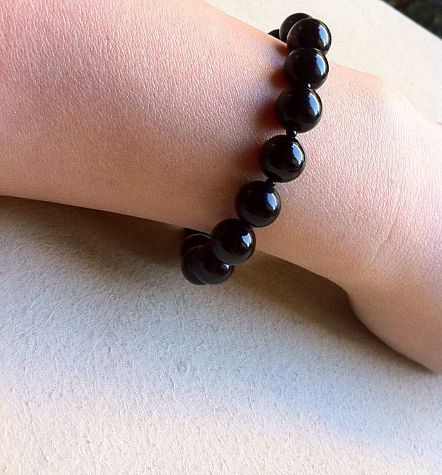 Black Onyx Beaded Bracelet: Antique Fine Silver Clasp, 7.5 Inch