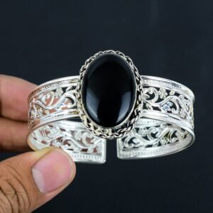 Black Onyx Cuff Bracelet: Handmade 925 Sterling Silver Bangle