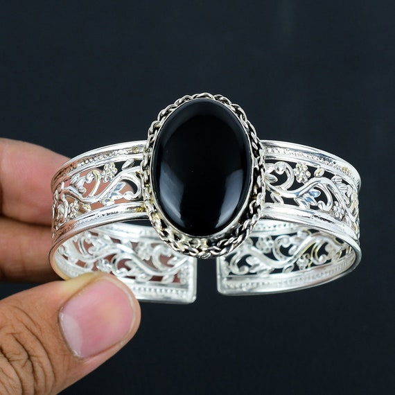 Black Onyx Cuff Bracelet: Handmade 925 Sterling Silver Bangle