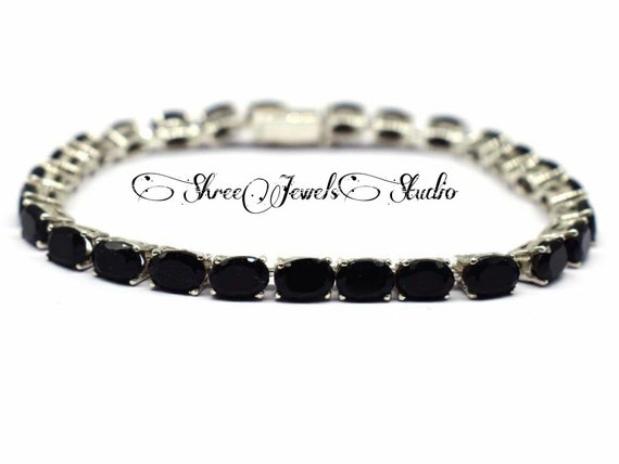 Black Onyx Faceted Oval Bracelet, Black Gemstone Silver Tennis Bracelets, Birthstone Bracelets, Bracelet, Bridal Vintage Bracelets Black Onyx Faceted Oval Bracelet, Black Gemstone Silver Tennis Bracelets, Birthstone Bracelets, Bracelet, Bridal Vintage Bracelets