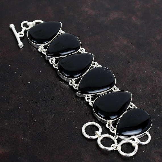 Black Onyx Bracelet: Handmade 925 Sterling Silver Adjustable Chain Black Onyx Bracelet: Handmade 925 Sterling Silver Adjustable Chain
