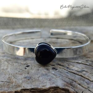 Black Onyx Heart Cuff Bracelet: Handmade 925 Sterling Silver Bangle