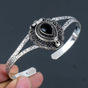 Black Onyx Sterling Silver Cuff Bracelet - Adjustable Poison Box Bangle