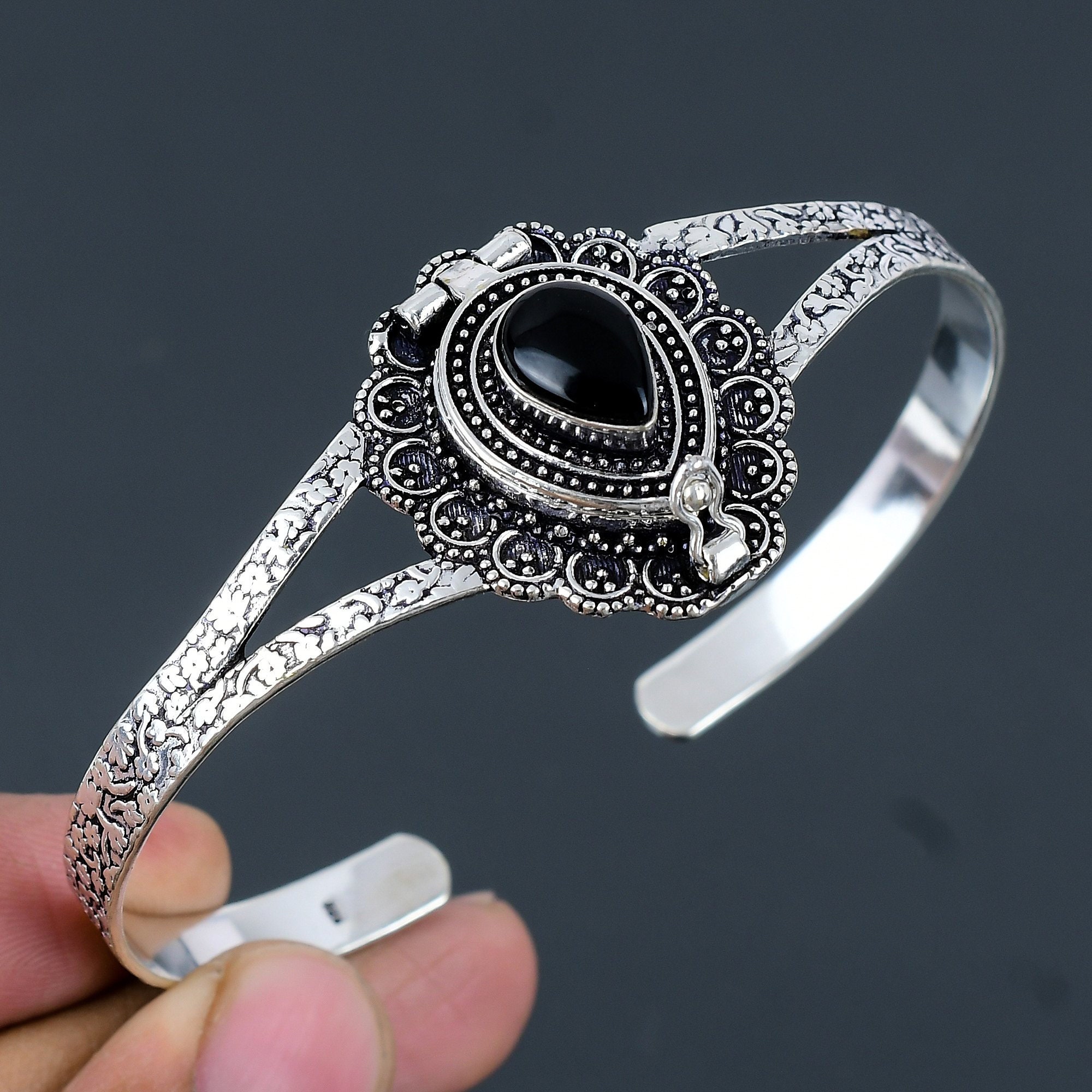 Black Onyx Sterling Silver Cuff Bracelet - Adjustable Poison Box Bangle Black Onyx Sterling Silver Cuff Bracelet - Adjustable Poison Box Bangle