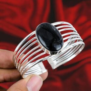 Black Onyx Sterling Silver Bangle: Adjustable Bohemian Jewelry Black Onyx Sterling Silver Bangle: Adjustable Bohemian Jewelry