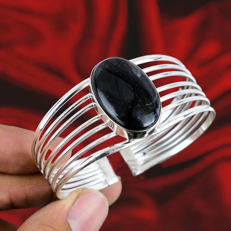Black Onyx Sterling Silver Bangle: Adjustable Bohemian Jewelry