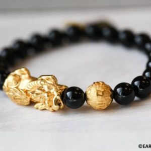 C6.25" / Black Onyx 8mm Round Bracelet W / Gold-plated Pichiu Accent Dyed Gemstone Beaded Bracelet Elastic-strung