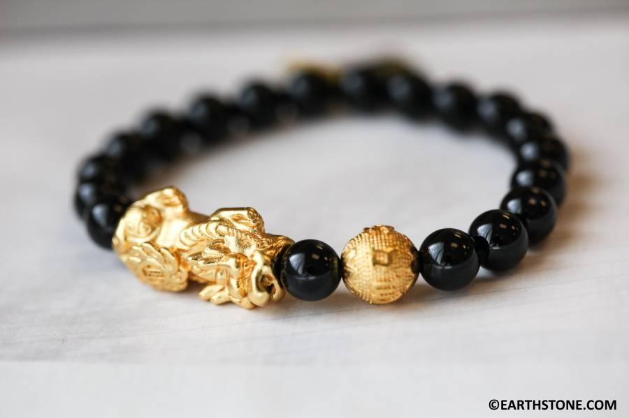 C6.25" / Black Onyx 8mm Round Bracelet W / Gold-plated Pichiu Accent Dyed Gemstone Beaded Bracelet Elastic-strung