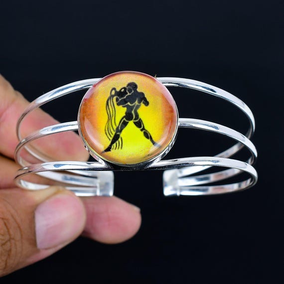 Handmade Aquarius Zodiac Onyx Cuff Bracelet, 925 Sterling Silver Bangle