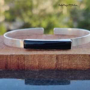 Handmade Black Onyx 925 Sterling Silver Bangle - Adjustable Gemstone Bracelet
