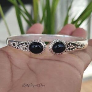 Handmade Black Onyx Bangle Bracelet, 925 Sterling Silver Gemstone Jewelry, Women Cuff Bracelet