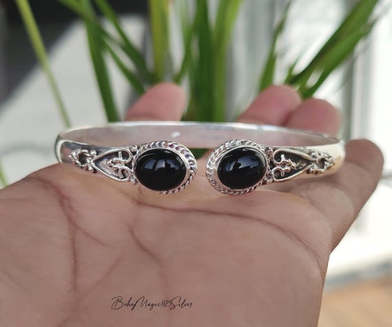 Handmade Black Onyx Bangle Bracelet, 925 Sterling Silver Gemstone Jewelry, Women Cuff Bracelet