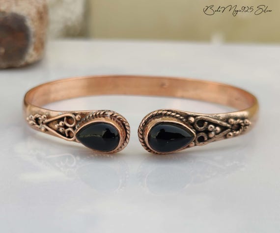Handmade Black Onyx Copper Bangle: Adjustable Boho Jewelry Handmade Black Onyx Copper Bangle: Adjustable Boho Jewelry