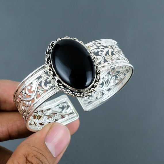 Handmade Black Onyx Cuff Bracelet: 925 Sterling Silver Adjustable Bangle