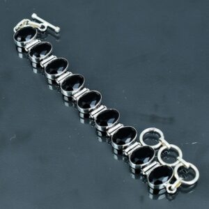 Handmade Faceted Black Onyx Bracelet: 925 Sterling Silver Adjustable Chain