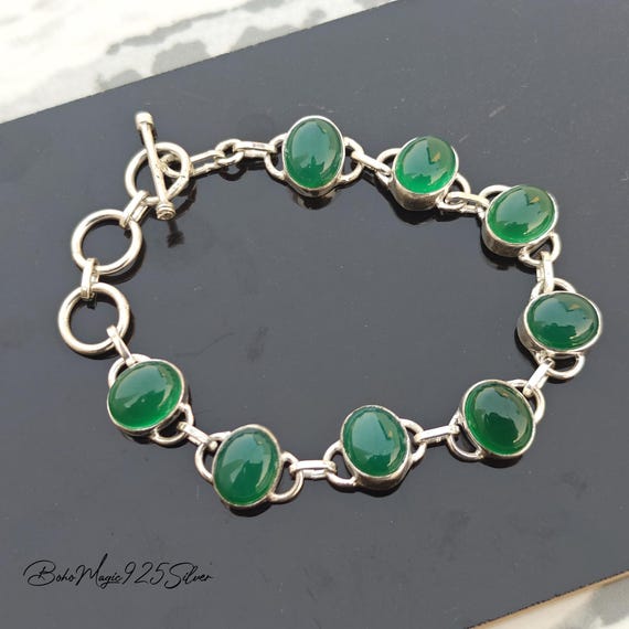 Handmade Green Onyx Sterling Silver Bracelet: Boho Gemstone Jewelry